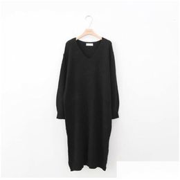 Womens Sweaters Winter Sweater Dress Women White V-Neck Long Knitted Lazy Oaf Korean Laides Casual Slit Drop Delivery Apparel Clothing Dhwtg