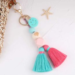 Keychains Lanyards Colourful Wood Beads Tassel Keychain Smile Face Flower Rainbow Key Ring For Women Handmade Friendship Summer Jewerly Gifts Q240403