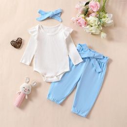 Clothing Sets 0-18M Spring 3Pcs Long Sleeve Baby Girls Clothes Kids Outfits Rib Ruffle Romper Belted Pants Headband Set Infant