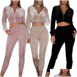 Women'S Tracksuits 2021 Autumn Women Two Piece Velour Gym Outfit Long Sleeve Cropaddpant Veet Set For Woman Sport Suit Drop Delivery Dhnz9