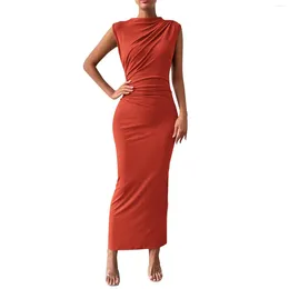 Casual Dresses Ladies Sexy Solid Color Sleeveless Back Slit Pleated Tight Fitting Dress Elegant For Women Women'S 2024