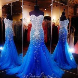 Dresses Sexy 2019 Royal Blue Mermaid Long Prom Dresses Pageant Women Sexy Sweetheart Beaded Crystal Vestidos De Gala Tulle Evening Dresses