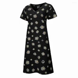 Casual Dresses Women'S Short Sleeve V-Neck Floral Print Midi Skirt Ladies Loose Shift Dress 2024 Summer Pullover Women