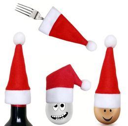 Mini Christmas Santa Hat Christmas Pocket Fork Knife Cutlery Holder Wine Bottle Cover Christmas Decorations Festive Party Supplies9562545