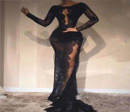 Black Sexy Mermaid Prom Dresses Long High Side Split Long Sleeves Evening Dress See through Zipper Open neck Cocktail Party Gowns1506114