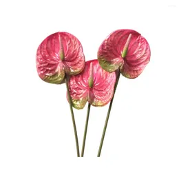 Decorative Flowers 3 Pcs 22.8Inch Artificial Anthurium For Home Decor Bouquet And Green Leaf Bridal Wedding Decoration(Pink)