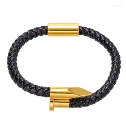 Bangle 1pcs Open Black Leather Bracelet End Charm Pattern Combined With Closed Stainless Steel Adjustable For Man Jewelry 2024