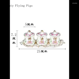 Cups Saucers 1 Set Of Ceramic Triple Buddha Statue Water Supply Cup With Lid Offering Feng Shui Ornaments In The Hall