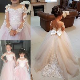 Dresses New Lovely Pink Tulle Long Sleeves Weddings Flower Girl Dresses with Choker Bowknot Lace Applique Beaded Pearls Girls Pageant Dres