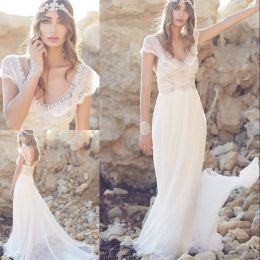 Dresses Sparkly Lace Bohemian Beach Wedding Gowns Silk Chiffon Bling Beaded Crystal Cap Sleeve Boho Ivory Bridal Dress Vestido De Novia