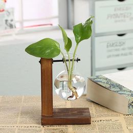 Vases Shop Room Decor Stand Transparent Plants Coffee Bulb Vase With Wooden Desktop Glass Planter For Hydroponics