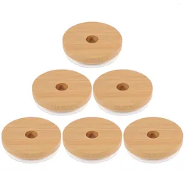 Dinnerware 6 Pcs Silicone Bottle Covers Mason Jar Lid With Hole Sealing Wood Straw Holes Reusable