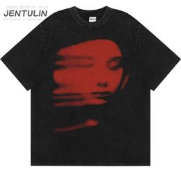 Harajuku Summer Men Washed Tshirt Black Streetwear Red Face Graphic Clothes Print Short Sleeve Top Cotton Loose Hipster Y2K 240325