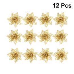 Decorative Flowers 12Pcs Christmas Flower Ornaments Hollow Out Glitter Artificial Xmas Adornment Party Decoration (Light Green)