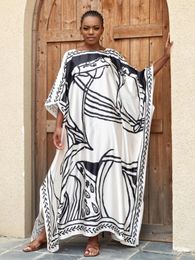 Kaftan Beach Dresses For Women Satin Printed Elegant Maxi Robe Cover-ups 2024 Holiday Beachwear Bathing Suits Drop