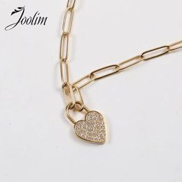 Joolim Jewelry Wholesale Waterproof Luxury Love Peach Heart Zirconia Pendant Pin Link Chain Stainless Steel Necklace for Women 240407