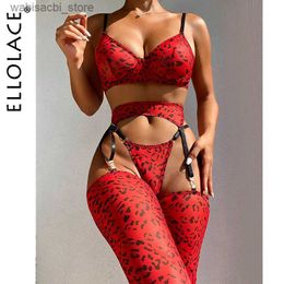 Sexy Set Ellolace Leopard Lingerie For Women Lace Set Of Underwear With Stockings 4-Pieces Erotic Thongs Garter Fancy Matching Outfit L2447