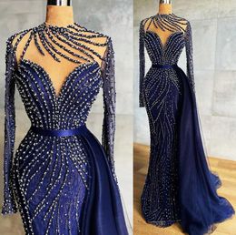 2021 Plus Size Arabic Aso Ebi Navy Blue Luxurious Prom Dresses Beaded Mermaid Lace Evening Formal Party Second Reception Gowns Dre6598704