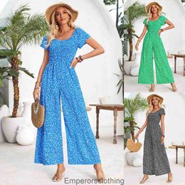 Summer Fashion New Product Womens Wear Fresh Printed Round Neck Tie up jumpsuit Womens Wear