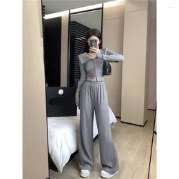 Women's Two Piece Pants French Girl Suit Autumn Slim Fit Turn-down Collar Coat High Waist Casual Wide Leg Two-piece Set Female Clothes
