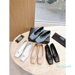 15A 2024 Spring/summer New King Denim Square Head Genuine Leather Shallow Mouth Flat Bottom Ballet Shoes Bow