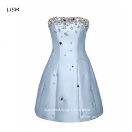LISM Sparkly Beads Diamond Short Prom Party Dresses Strapless Light Blue Satin Mini Sexy Cocktail Dress Summer Vesidos de fiesta 240320
