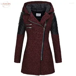 Women's Trench Coats Fashion Long Sleeve Hooded Coat 2024 Autumn Black Zipper 5XL Velvet Women Overcoat Clothes