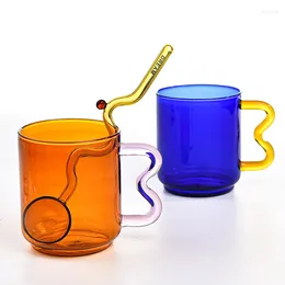 Wine Glasses Creative Colored Glass Water Cup With Handle Girl Couple Office Juice Coffee Breakfast Milk Spoon 450ml