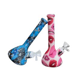 7.48inch Red Lips and Blue Beaker Shape Glow in the Dark Printed Silicone Water Bong Dab Rig with Glass Bowl for Hookahs GJ5535