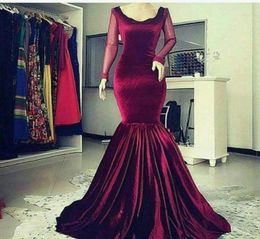 Modest Dark Red Velvet Evening Dresses Middle East Style Scoop Illusion Long Sleeves Formal Elegant Dark Red Velvet 2016 Mermaid P7149420