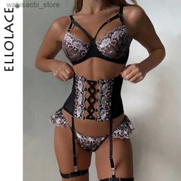 Sexy Set Ellolace Sensual Lingerie Woman Erotic Womens Underwear Fancy Bra with Bones Brief Sets Bandage Waistband Sexy Bilizna Set L2447