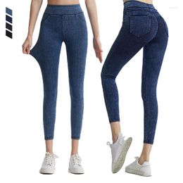 Active Pants Women Yoga Leggings Breathable Running Denim Jeans High Waist Fitness Stretch Gym Workout Spandex Tights