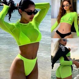 Women Beach Cover-Ups Sexy Solid Colour O Neck Fishnet Mesh See Through Long Sleeves Top Swimsuit