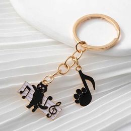 Keychains Lanyards Cute Enamel Black Cat Music Note Piano Pet Key Rings For Women Men Musician Friend Gift Handbag Decoration Jewellery Q240403