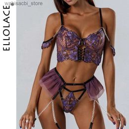 Sexy Set Ellolace Fancy Lingerie Floral SexyPorn Underwear Women Body Ruffle Garters Briefs Transparent Bra Chic SexyCostume 3-Piece L2447