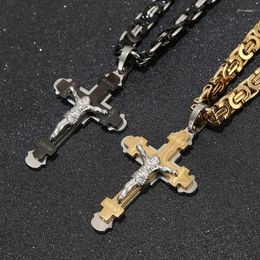 Pendant Necklaces Fashion Stainless Steel Two-tone Cross Necklace With Byzantine Chain For Men Boy 8.5MM Width