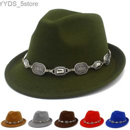 Wide Brim Hats Bucket Fedora hat denim wool adjustable trendy Trilby vintage metal strap short womens blower yq240407