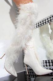 Boots 2024 White Feather Over The Knee Women Fur Super High Heel Winter Shoes Woman Pointy Black Thigh Long