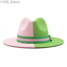 Wide Brim Hats Bucket Patchwork Fedora Hat Colorful Two tone Unisex Mens Panama Green Pink British Style Trilby Party Official yq240407