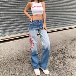 Women's Jeans Vintage High Waist Pants Flame Print Elegant Trouser Gradient Fashion Straight Leg