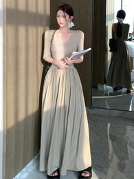 Casual Dresses 2024 Vintage Long Sleeve Midi Dress Fashion Patchwork A-line Female Clothes V-neck Slim Waist One Pieces Robe