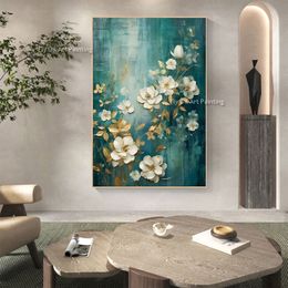 Abstract Green Gold Foil Flowers Oil Painting On Canvas Handmade Large Wall Art Gold Floral Painting Green Wall Art For Living room Decor