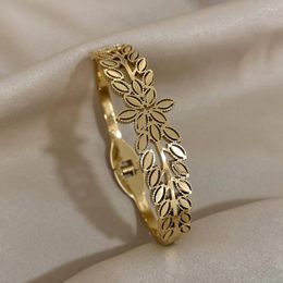 Bangle Vintage Stainless Steel Leaf Shape For Women Gold Colour Wheat Leaves Bracelets Greek Wristband Jewellery