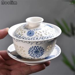 Cups Saucers Blue And White Porcelain Hollow Teacups Ceramic Gaiwan Office Tea Bowl With Cover Chinese Household Drinkware