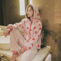 Home Clothing Winter Hooded 2PCS Sleepwear Women Pyjamas Set Casual Thick Shirt&Pants Warm Nightwear Suit Coral Fleece Pyjamas Homewear