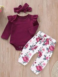 Clothing Sets 0-2 Year Old Born Baby Girl Spring And Autumn Round Neck Solid Color Long Sleeves With Flower Printed Pants Fashion Set