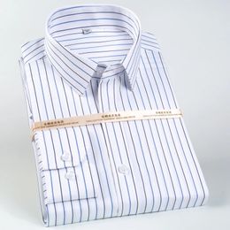 Mens Classic Long Sleeve Non-Iron Striped Dress Shirts Removable Collar Stays Formal Business Regular Fit Pure Cotton Shirt 240329