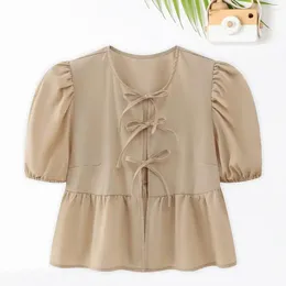 Women's Blouses O-neck Puff Short Sleeve Tops Stylish Lace-up Ruffle Hem Shirt Casual Top Solid Color For Women