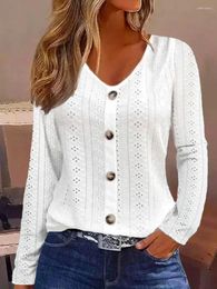 Women's T Shirts Women Solid Tops Single Breasted V Neck Full Sleeve Coats Cardigan Regular Fit Top Hole Office Ladies Autumn 2024