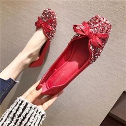 Casual Shoes SLTNX 2024 Four Seasons Wedding Korean Sequined Red Flat-bottomed Square Head Plus Size Women's